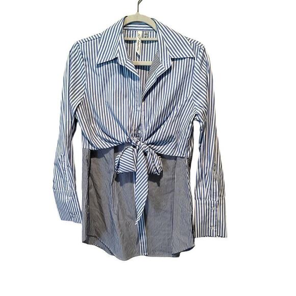 NY Collection Shirt Women's Medium Blue White Striped Knotted Front Long Sleeve - Picture 1 of 4